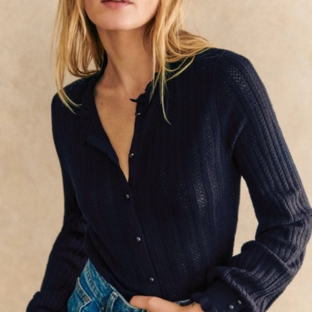 Sezane Louis Cardigan Sweater - 100% merino wool- Navy